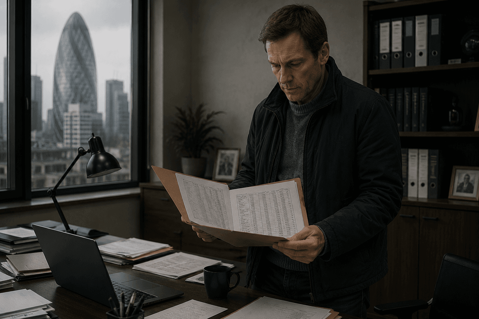 Michael standing in his office, reading an open folder of printed data tables, London's Gherkin tower visible through the window