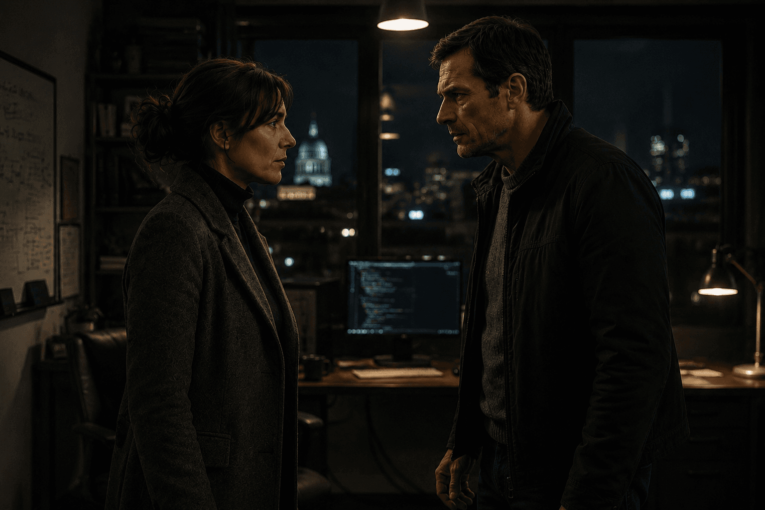 Michael and Helen standing face to face in a dark office at night, city skyline visible through the window behind them
